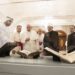 ABU DHABI, UNITED ARAB EMIRATES - February 4, 2019: Day two of the UAE papal visit -  His Holiness Pope Francis, Head of the Catholic Church (centre L), and His Eminence Dr Ahmad Al Tayyeb, Grand Imam of the Al Azhar Al Sharif (centre R), look at versions of the Quran, Bible and Torah on loan from the Louvre Abu Dhabi. Seen with HE Mohamed Khalifa Al Mubarak, Chairman of the Department of Culture and Tourism and Abu Dhabi Executive Council Member (L), and HH Sheikh Mohamed bin Zayed Al Nahyan, Crown Prince of Abu Dhabi and Deputy Supreme Commander of the UAE Armed Forces (R), during a dinner reception at Al Mushrif Palace. 
( Ryan Carter / Ministry of Presidential Affairs )
---