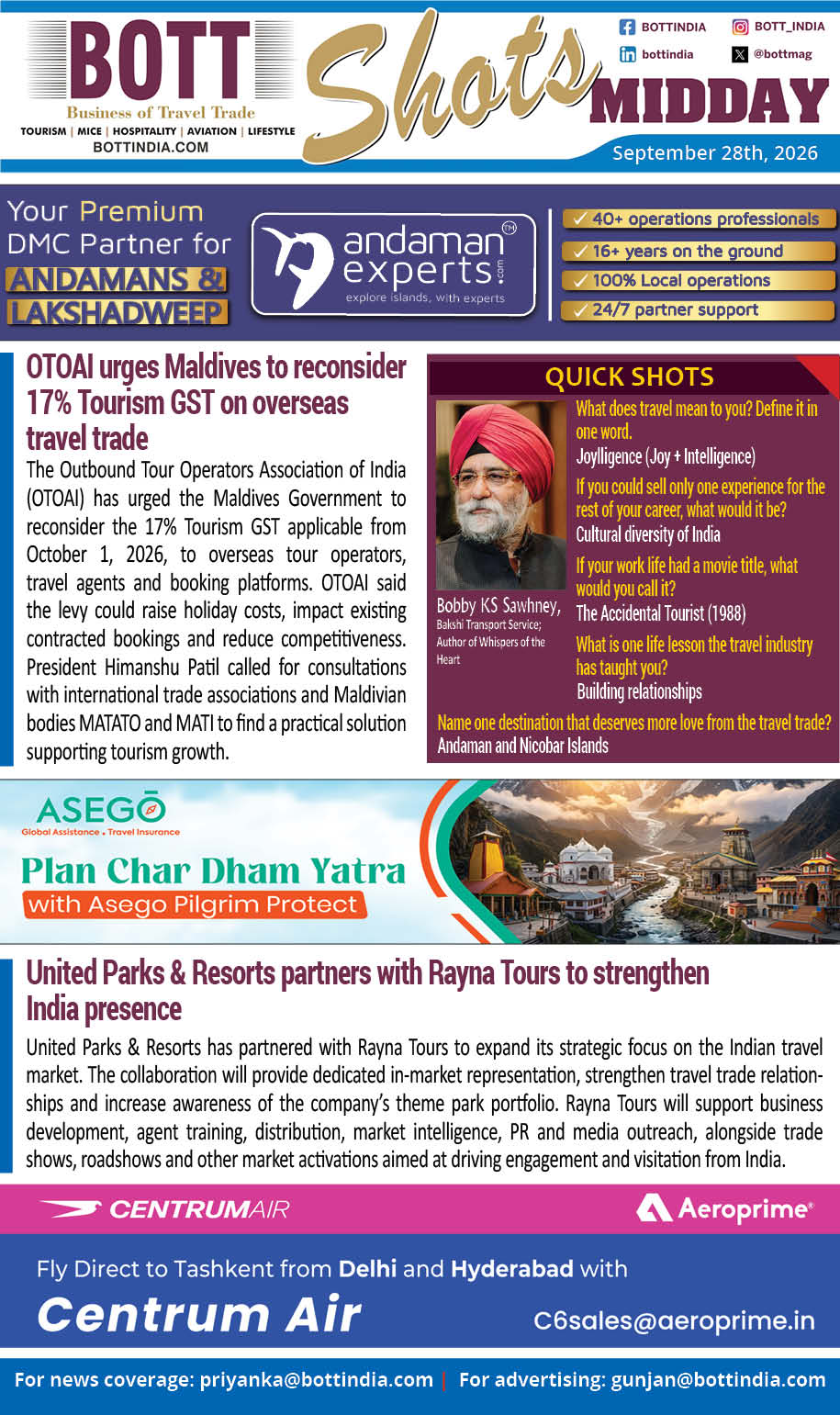 Get your quick dose of top travel, tourism, and hospitality news during the day along with key appointments, visa updates, and a dash of fun with rapid-fire bites —all in a crisp, engaging format!
